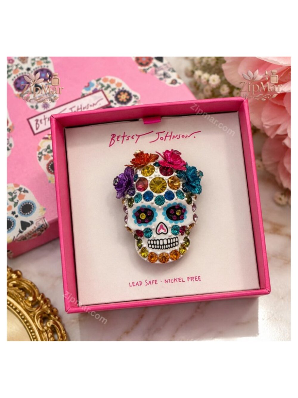 NIB Betsey Johnson Sugar Skull Brooch Pin Rhinestone Calavera Floral Day of Dead